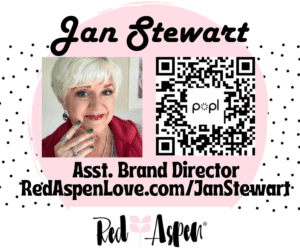 A picture of the red aspen logo and an image of jan stewart.